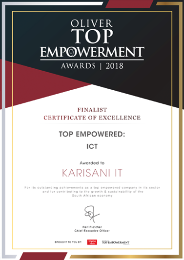 Oliver Top Empowerment Awards — Finalist 2018, ICT category, awarded to Karisani IT