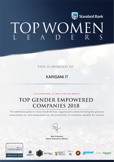 Standard Bank Top Women Leaders — Top Gender Empowered Companies 2018, awarded to Karisani IT